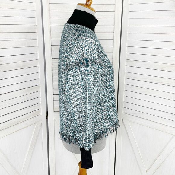 Zara Tweed Fringe Hem Mock Neck Shirt Teal White Large Crop - Picture 3 of 12